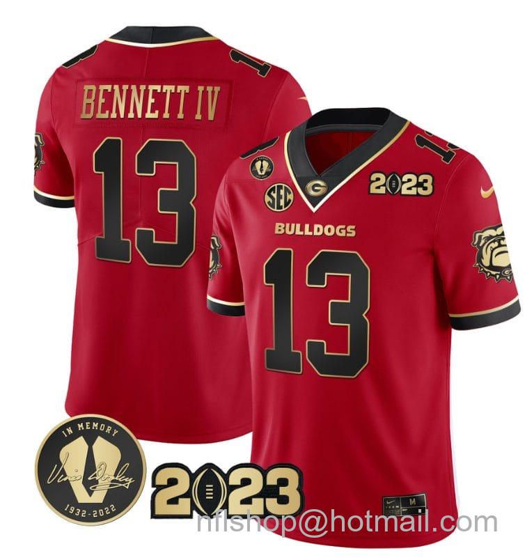 Men's Nike Stetson Bennett Jersey #13 Georgia Bulldogs Football 2023 and Vince Dooley Patch Black Red