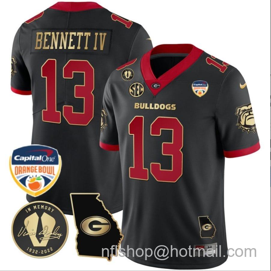 Men's Nike Stetson Bennett Jersey #13 Georgia Bulldogs Vapor Limited Orange Bowl Patch Black Gold Trim