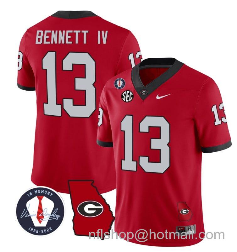 Men's Nike Stetson Bennett Jersey #13 Georgia Bulldogs Football Vince Dooley Patch Georgia Map Red