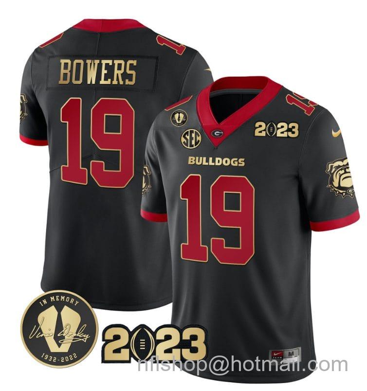 Men's Nike Brock Bowers Jersey #19 Georgia Bulldogs Football 2023 and Vince Dooley Patch Black Gold Trim