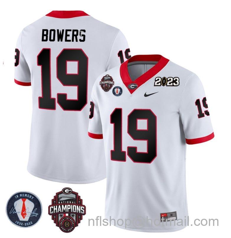 Men's Nike Brock Bowers Jersey #19 Georgia Bulldogs Football 2023 Champions and Vince Dooley Patch White