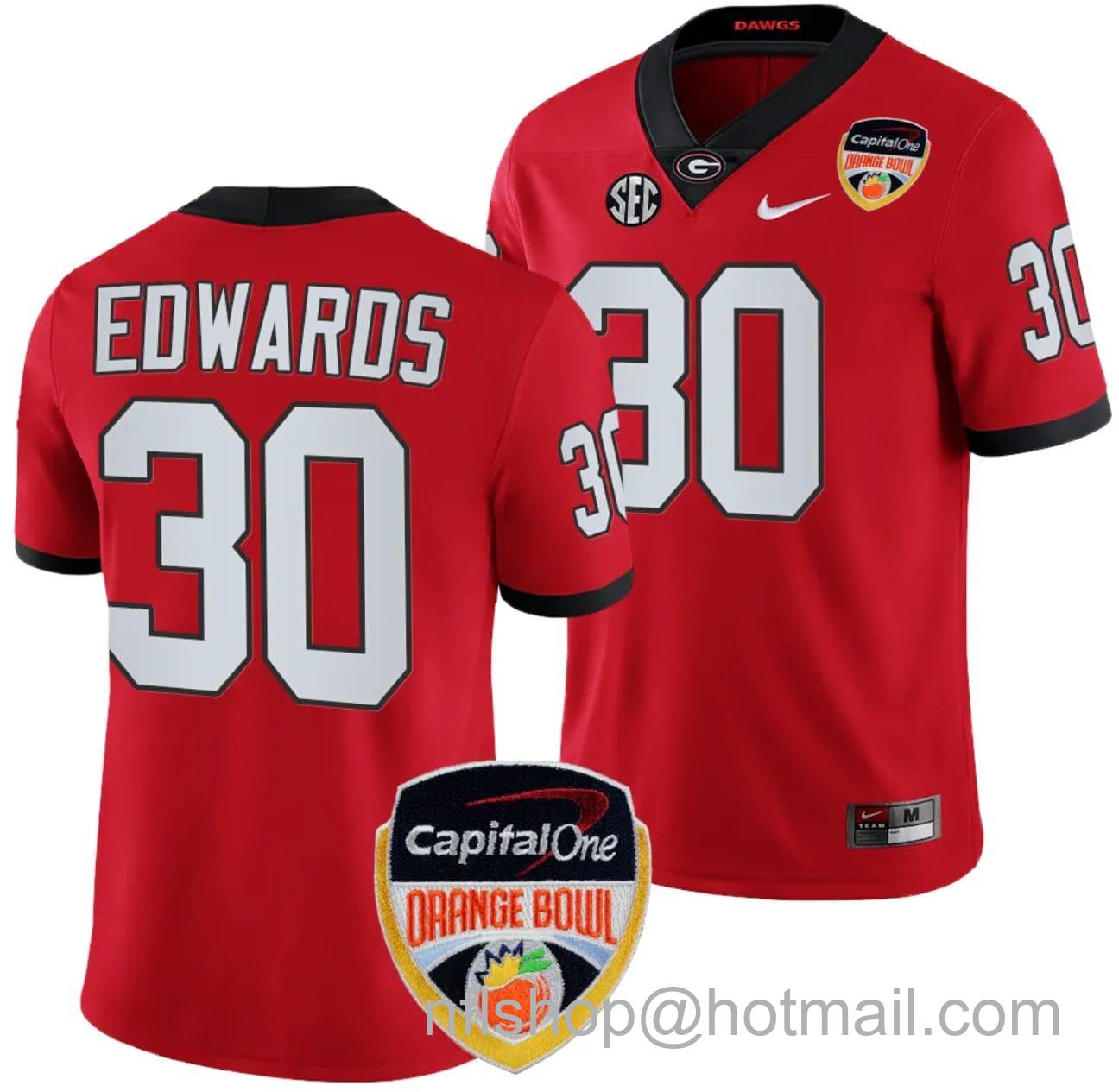 Men's Nike Daijun Edwards Jersey #30 Georgia Bulldogs Orange Bowl Patch 2023 College Football Red