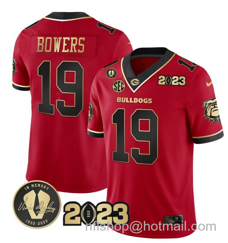 Men's Nike Brock Bowers Jersey #19 Georgia Bulldogs Football 2023 and Vince Dooley Patch Black Red