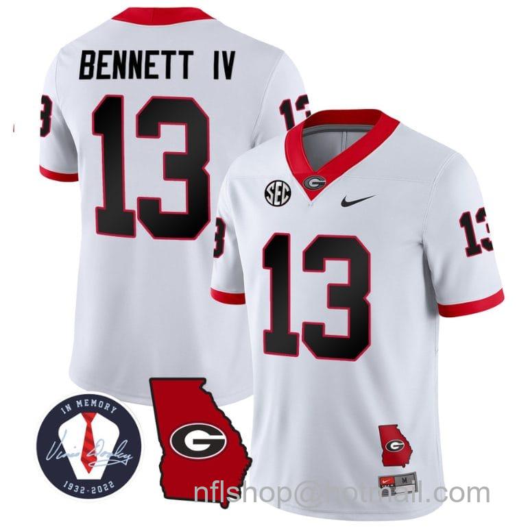 Men's Nike Stetson Bennett Jersey #13 Georgia Bulldogs Football Vince Dooley Patch Georgia Map White