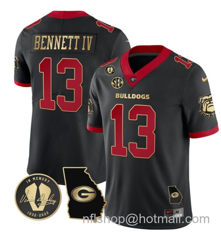 Men's Nike Stetson Bennett Jersey #13 Georgia Bulldogs Football Vince Dooley Patch Georgia Map Gold Trim