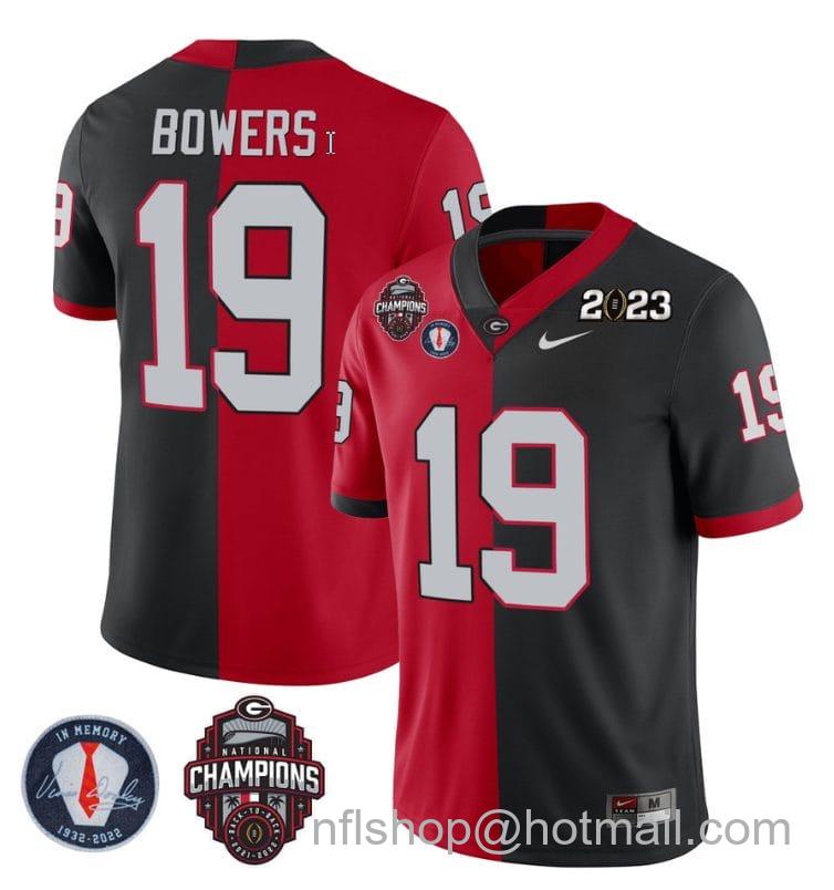 Men's Nike Brock Bowers Jersey #19 Georgia Bulldogs Football 2023 Champions and Vince Dooley Patch Split Red Black