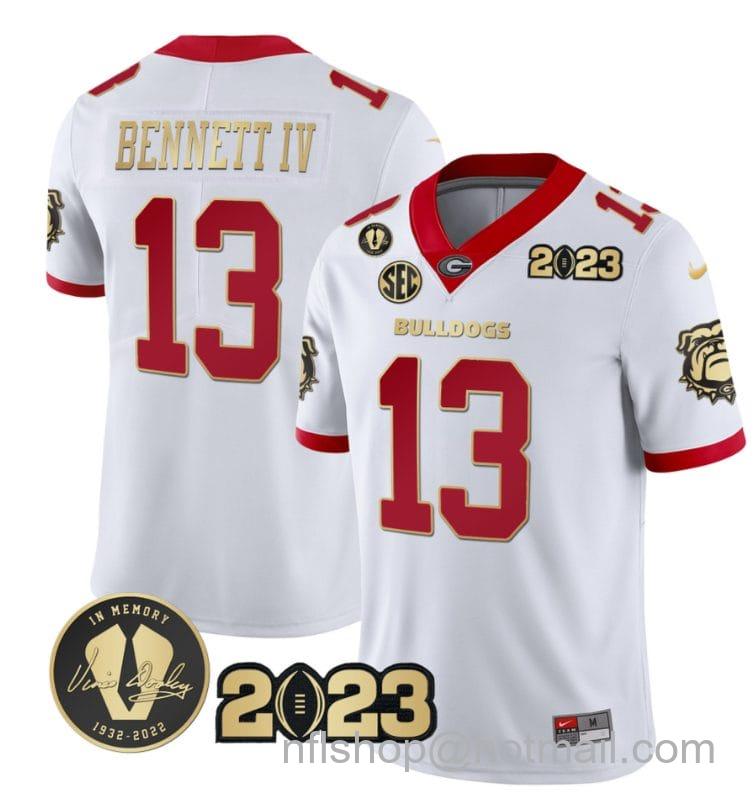 Men's Nike Stetson Bennett Jersey #13 Georgia Bulldogs Football 2023 and Vince Dooley Patch White Gold Trim