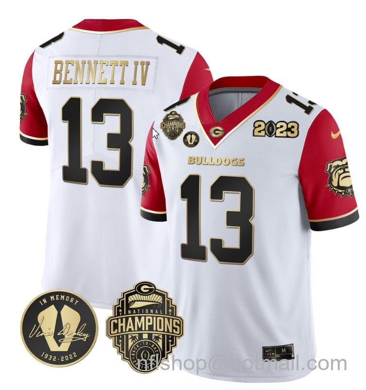 Men's Nike Stetson Bennett Jersey #13 Georgia Bulldogs Football 2023 Champions and Vince Dooley Patch Red Sleeves