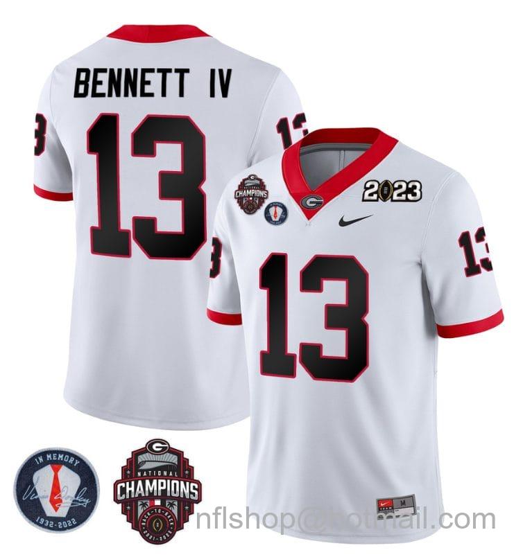 Men's Nike Stetson Bennett Jersey #13 Georgia Bulldogs Football 2023 Champions and Vince Dooley Patch White