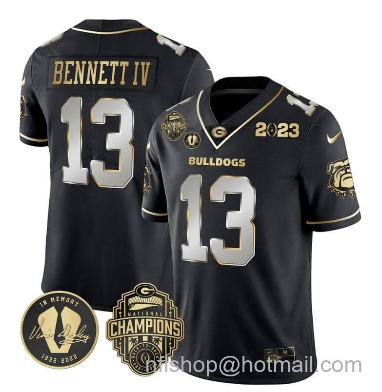 Men's Nike Stetson Bennett Jersey #13 Georgia Bulldogs Football 2023 Champions and Vince Dooley Patch Black Limited