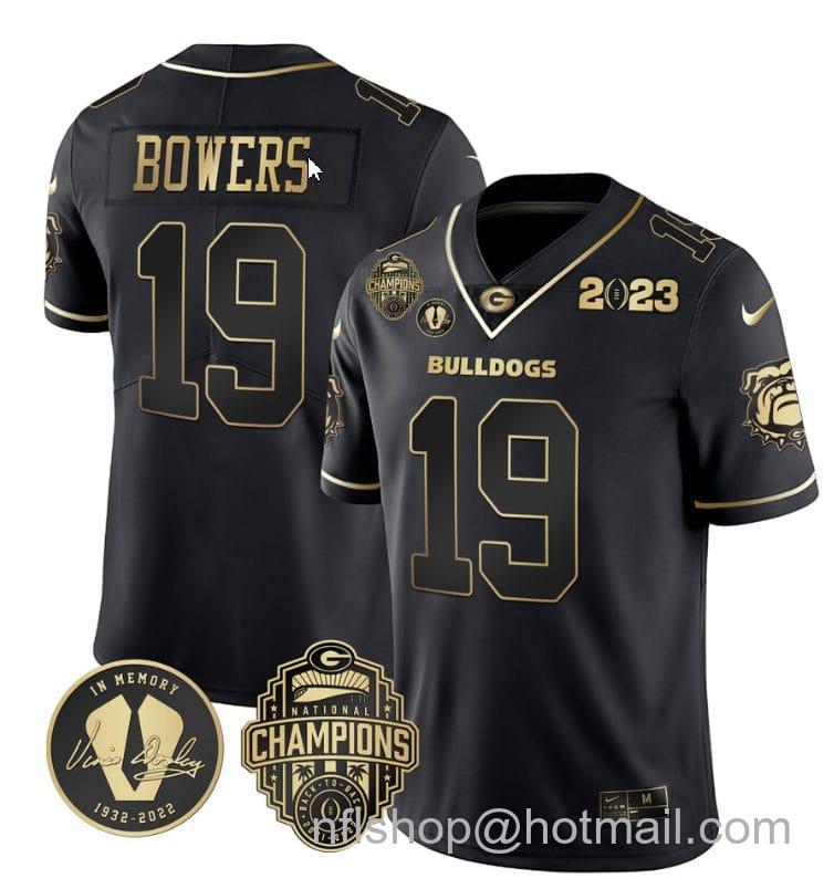 Men's Nike Brock Bowers Jersey #19 Georgia Bulldogs Football 2023 Champions and Vince Dooley Patch Black Gold