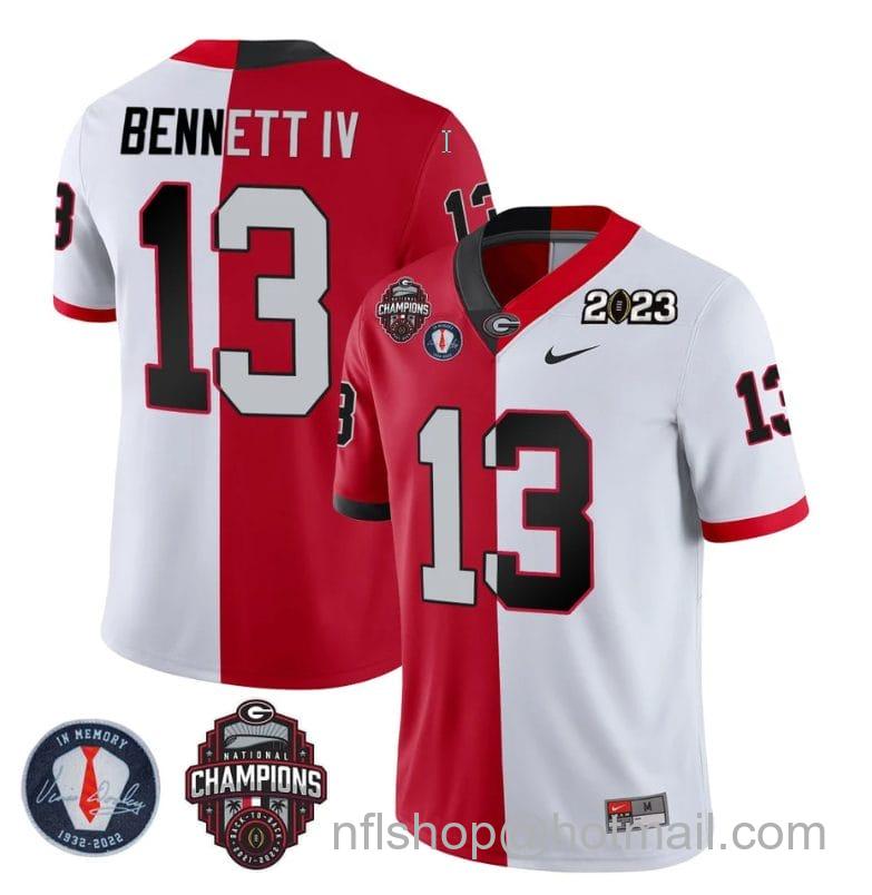 Men's Nike Stetson Bennett Jersey #13 Georgia Bulldogs Football 2023 Champions and Vince Dooley Patch Split Red White