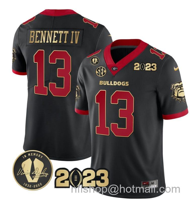 Men's Nike Stetson Bennett Jersey #13 Georgia Bulldogs Football 2023 and Vince Dooley Patch Black Gold Trim