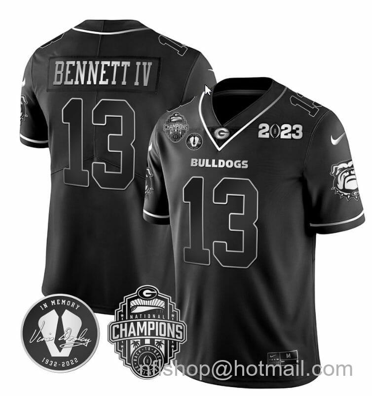 Men's Nike Stetson Bennett Jersey #13 Georgia Bulldogs Football 2023 Champions and Vince Dooley Patch Black Silver