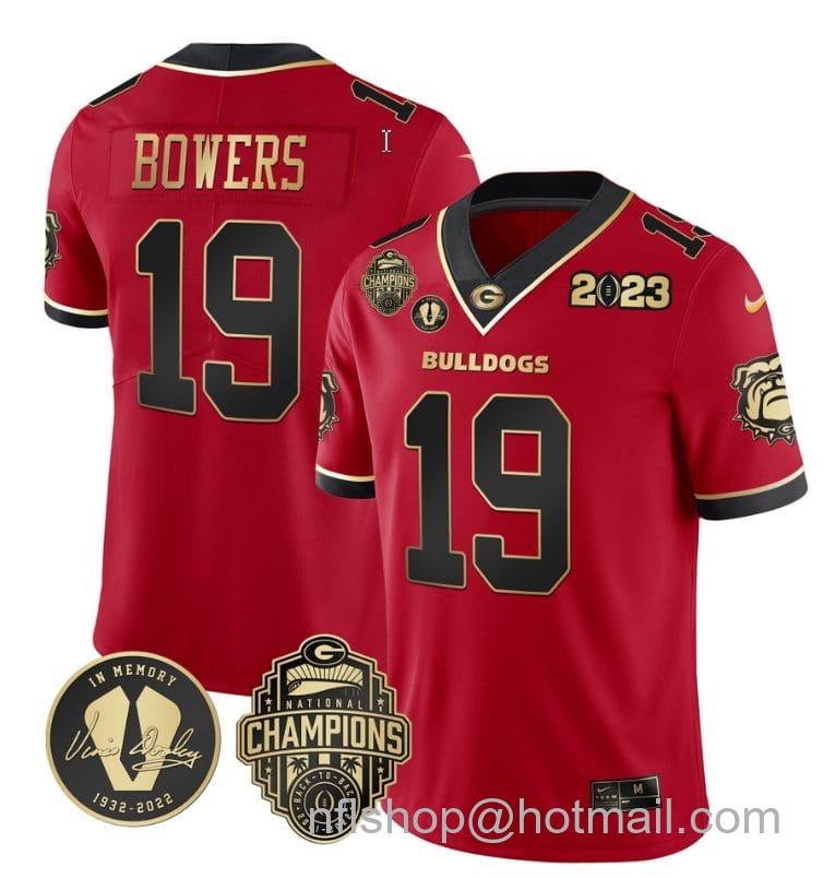 Men's Nike Brock Bowers Jersey #19 Georgia Bulldogs Football 2023 Champions and Vince Dooley Patch Black Red