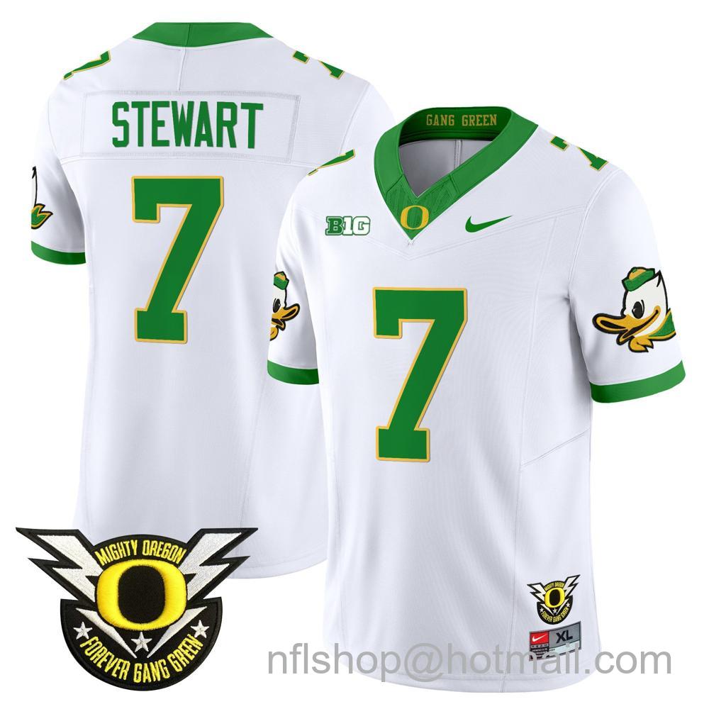 Men's Nike Oregon Ducks #7 Evan Stewart 2024 Big Ten Patch Forever Gang Green Vapor Limited Stitched College Football Jersey - White