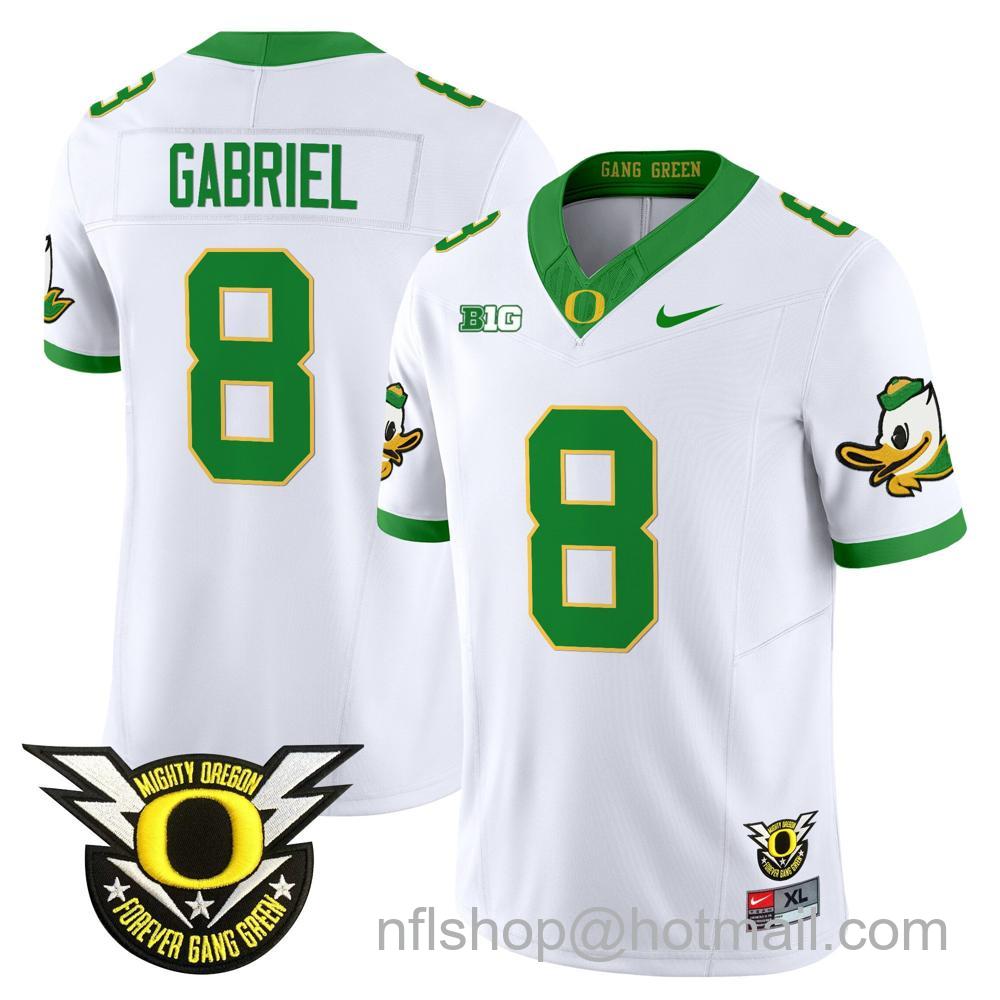 Men's Nike Oregon Ducks #8 Dillon Gabriel 2024 Big Ten Patch Forever Gang Green Vapor Limited Stitched College Football Jersey - White