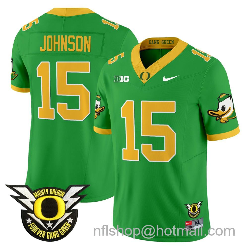 Men's Nike Oregon Ducks #15 Tez Johnson 2024 Big Ten Patch Forever Gang Green Vapor Limited Stitched College Football Jersey - Green