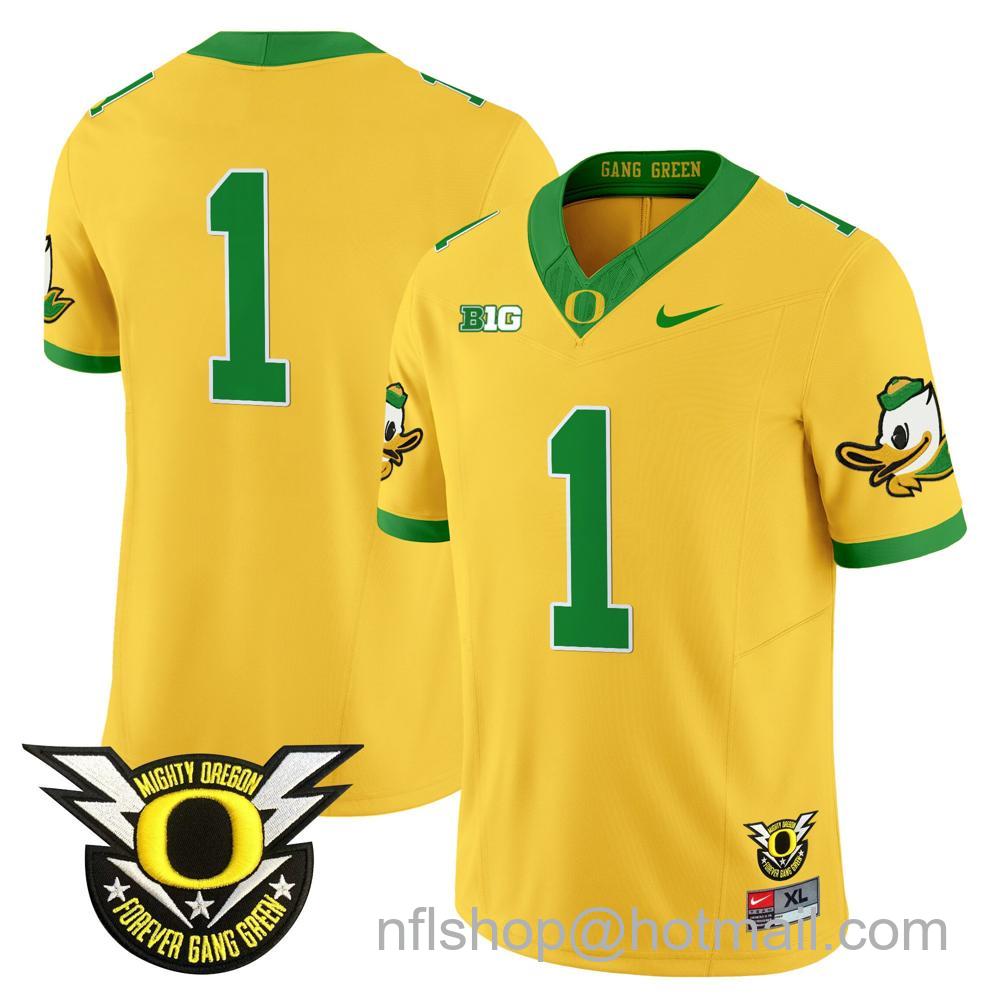 Men's Nike Oregon Ducks Team #1 2024 Big Ten Patch Forever Gang Green Vapor Limited Stitched College Football Jersey - Gold