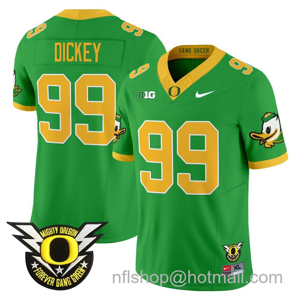 Men's Nike Oregon Ducks #99 Jurrion Dickey 2024 Big Ten Patch Forever Gang Green Vapor Limited Stitched College Football Jersey - Home Green