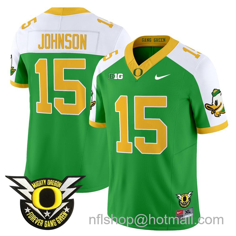 Men's Nike Oregon Ducks #15 Tez Johnson 2024 Big Ten Patch Forever Gang Green Vapor Limited Stitched College Football Jersey - Green Alternate