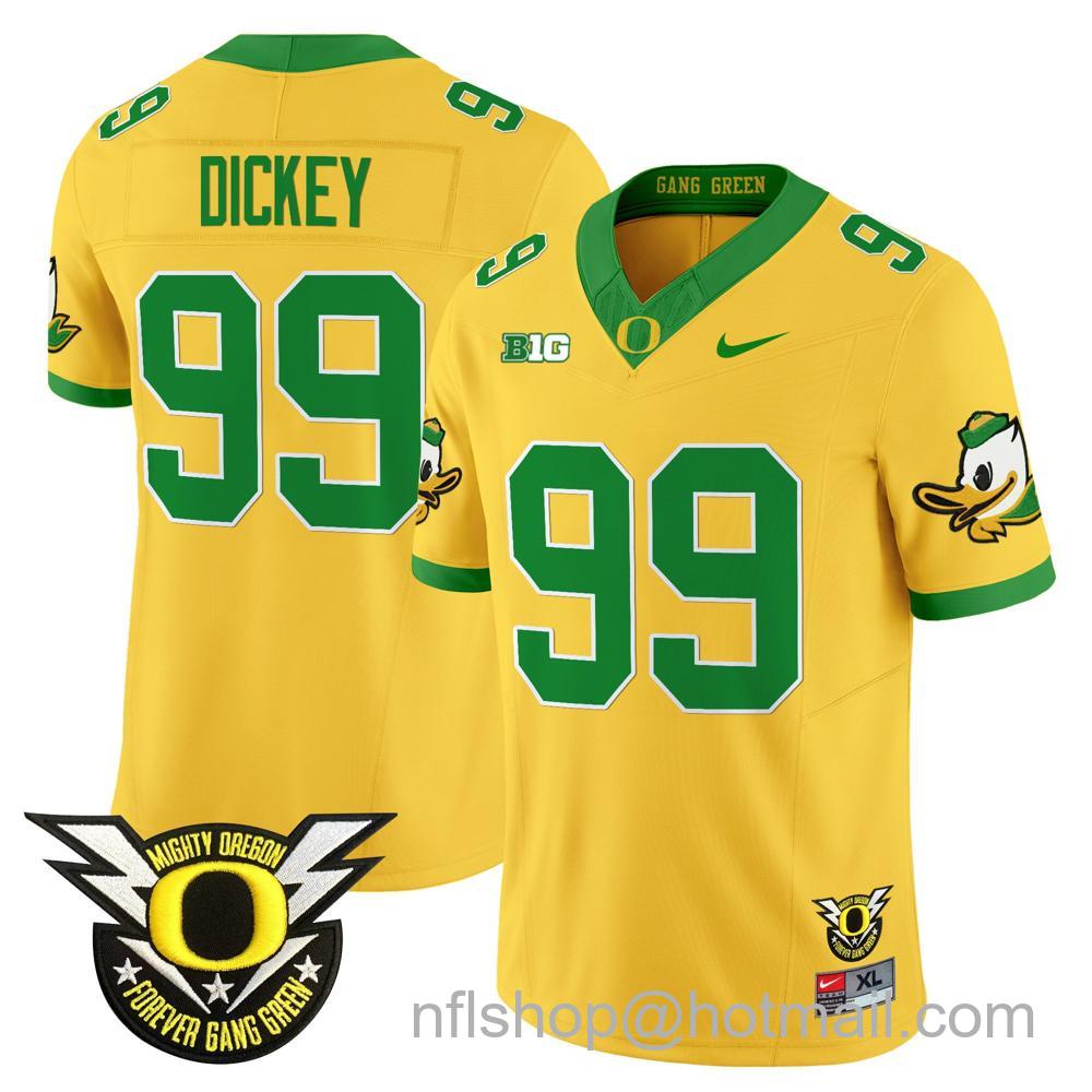 Men's Nike Oregon Ducks #99 Jurrion Dickey 2024 Big Ten Patch Forever Gang Green Vapor Limited Stitched College Football Jersey - Yellow