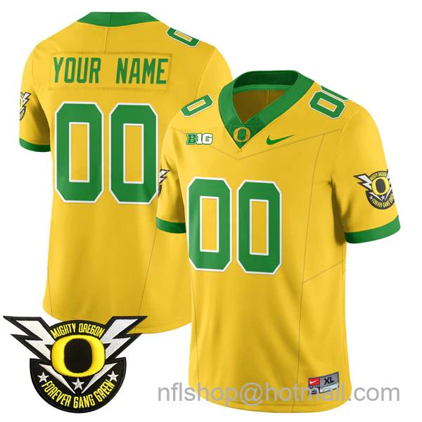 Men's Nike Customized Oregon Ducks 2024 Big Ten Patch Forever Gang Green Vapor Limited Stitched College Football Jersey Yellow