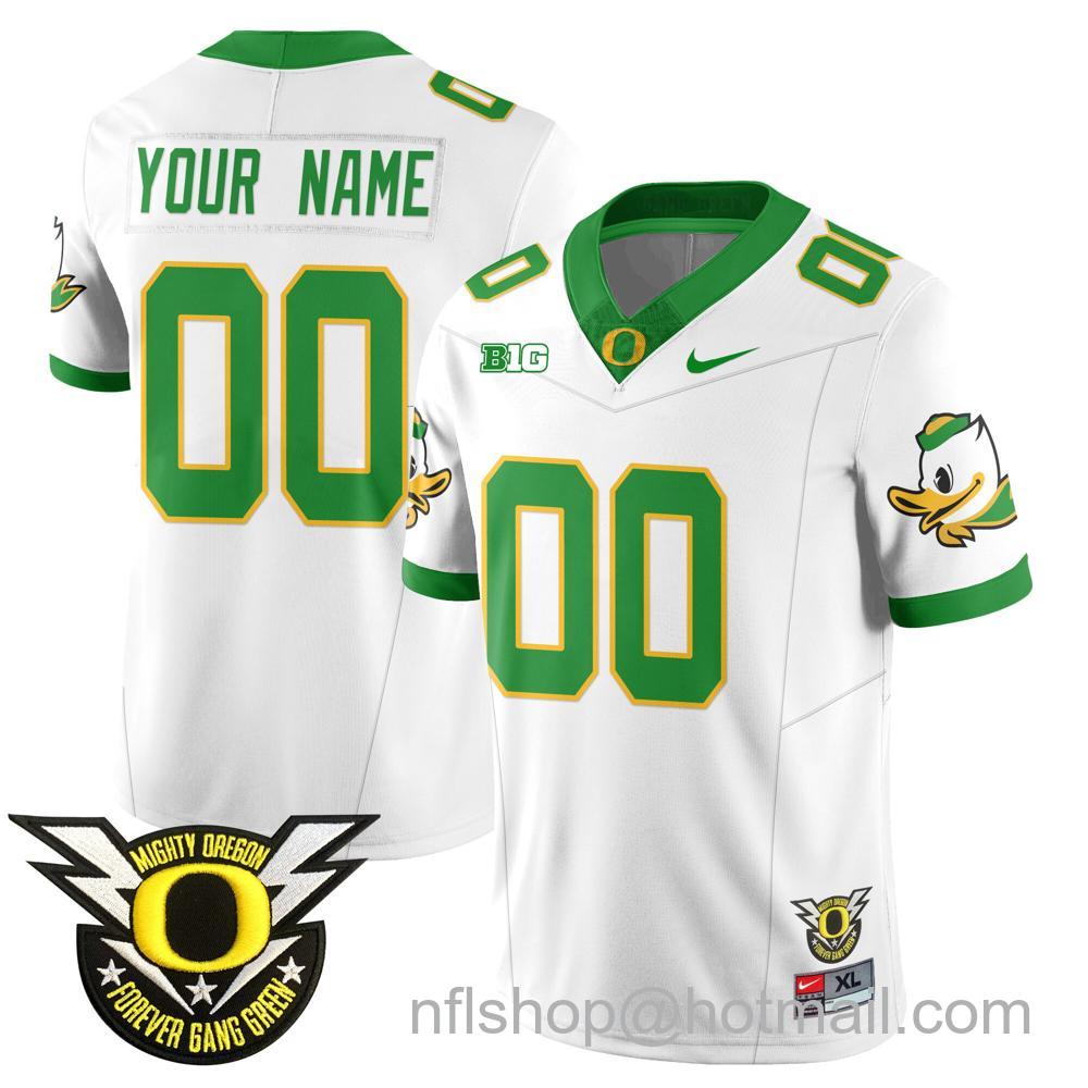 Men's Nike Oregon Ducks Customized 2024 Big Ten Patch Forever Gang Green Vapor Limited Stitched College Football Jersey - White