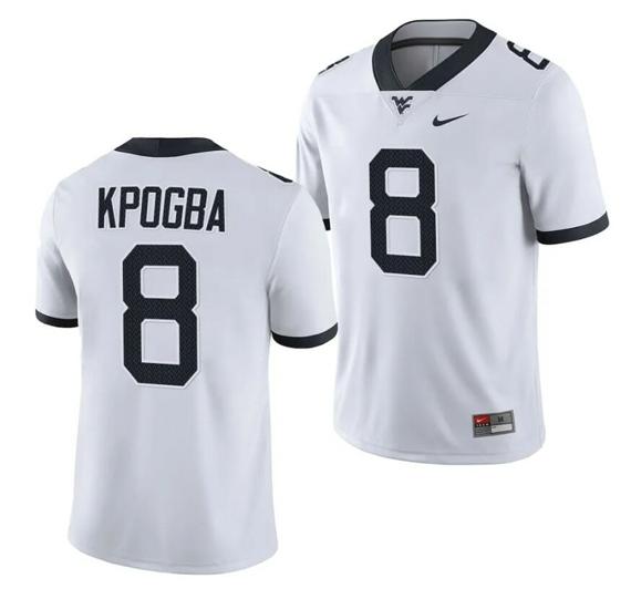 Men's West Virginia Mountaineers Lee Kpogba Jersey #8 College Football 2023 Game White_1