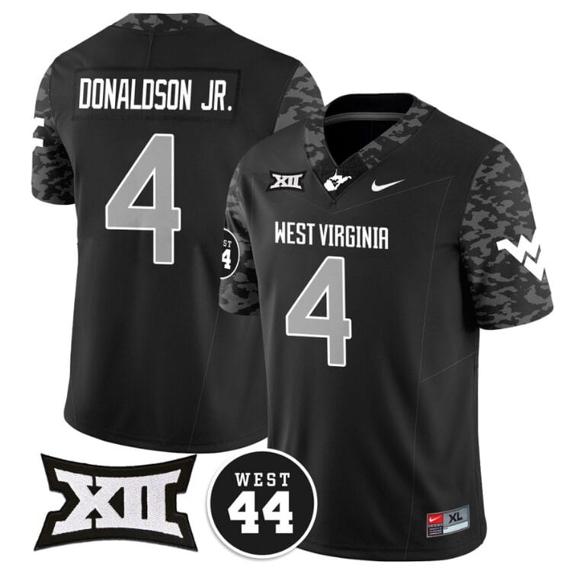 Men's CJ Donaldson Jr Jersey #4 West Virginia Mountaineers 2024 Vapor Limited Football Honor Jerry West Stitched Coal_1