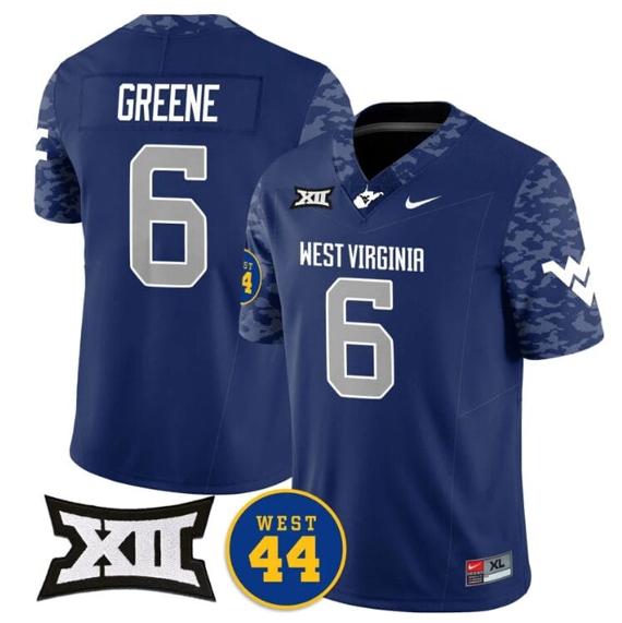 Men's Garrett Greene Jersey #6 West Virginia Mountaineers 2024 Vapor Limited Football Honor Jerry West Stitched Navy_1