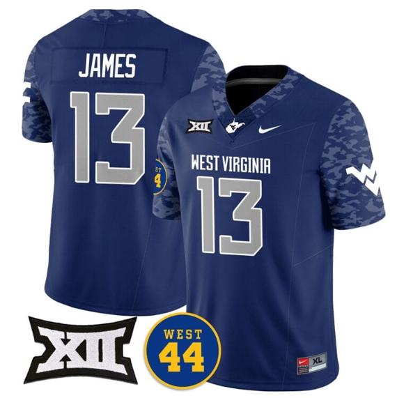 Men's Sam James Jersey #13 West Virginia Mountaineers 2024 Vapor Limited Football Honor Jerry West Stitched Navy_1