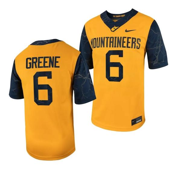 Men's West Virginia Mountaineers Garrett Greene Jersey #6 Football Game Country Roads Gold_1