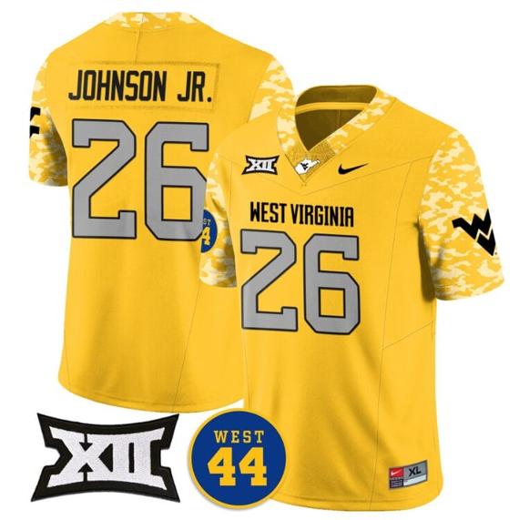 Men's Justin Johnson Jr Jersey #26 West Virginia Mountaineers 2024 Vapor Limited Football Honor Jerry West Stitched Gold_1