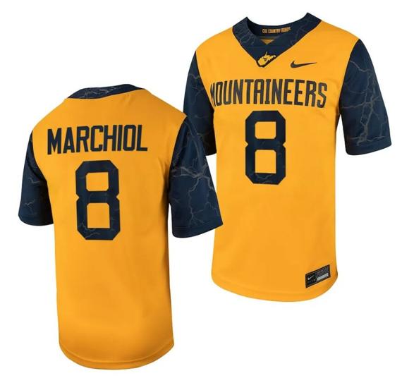 Men's West Virginia Mountaineers Nicco Marchiol Jersey #8 Football Game Country Roads Gold_1