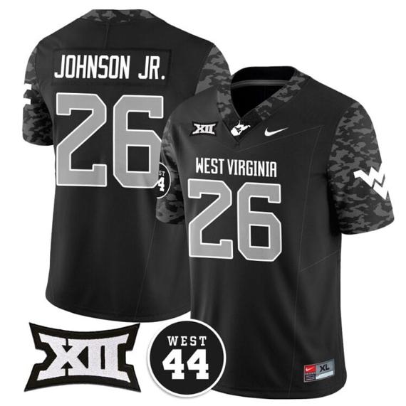 Men's Justin Johnson Jr Jersey #26 West Virginia Mountaineers 2024 Vapor Limited Football Honor Jerry West Stitched Coal_1