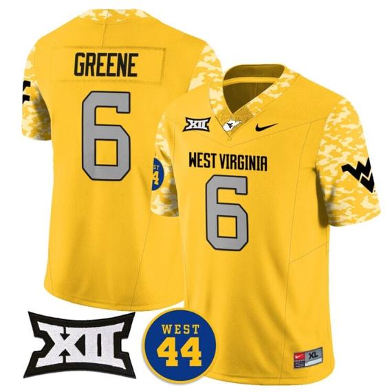 Men's Garrett Greene Jersey #6 West Virginia Mountaineers 2024 Vapor Limited Football Honor Jerry West Stitched Goal_1