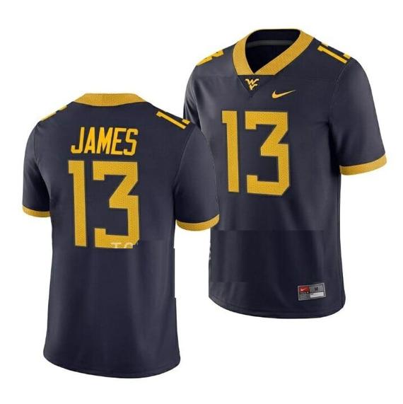 Men's West Virginia Mountaineers Sam James Jersey #13 College Football Navy Game Uniform_1