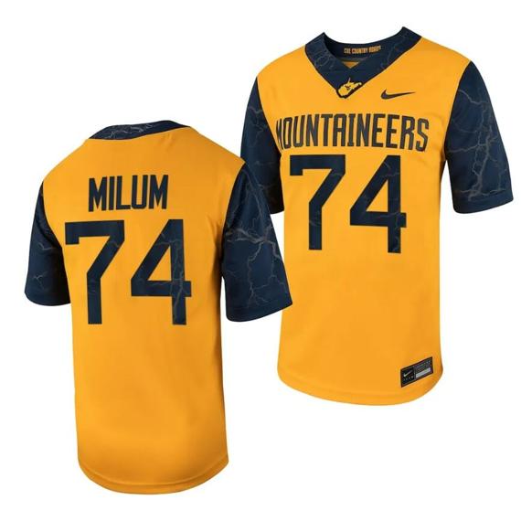 Men's West Virginia Mountaineers Wyatt Milum Jersey #74 Football Game Country Roads Gold_1