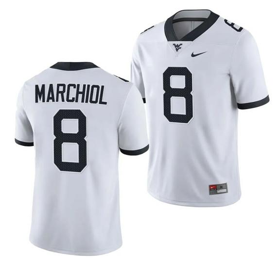 Men's West Virginia Mountaineers Nicco Marchiol Jersey #8 College Football 2023 Game White_1