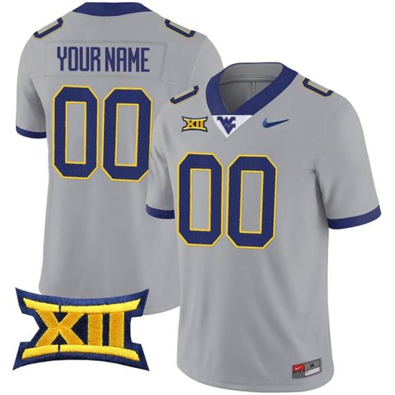 Men's Custom West Virginia Mountaineers Jersey Name and Number College Football Gray All Stitched_1