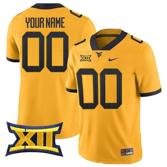 Men's Custom West Virginia Mountaineers Jersey Name and Number College Football Gold All Stitched_1