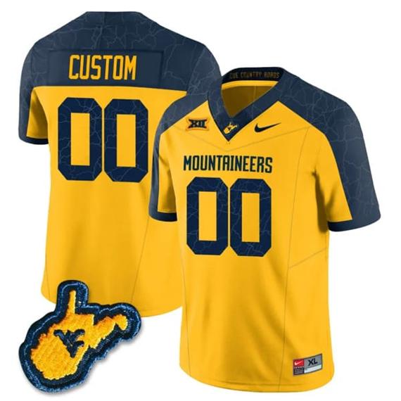 Men's Custom West Virginia Mountaineers Jersey Name and Number College Football Country Roads Yellow All Stitched_1