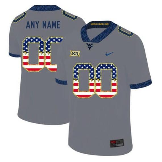 Men's Personalized WVU West Virginia Mountaineers Football Jersey Gray USA Flag College Jersey_1