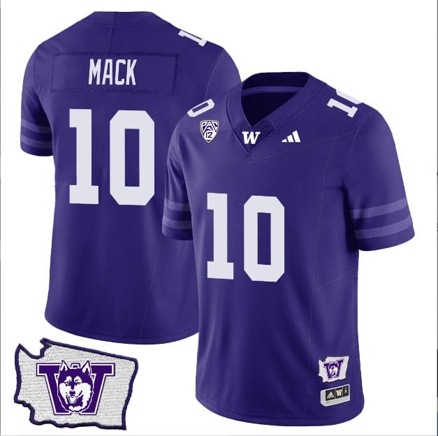 Men's Austin Mack Jersey #10 Washington Huskies Washington Map Patch Football Purple