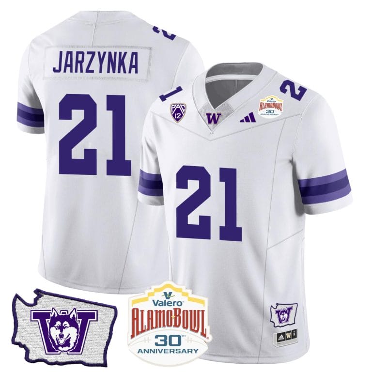 Men's Joe Jarzynka Jersey #21 Washington Huskies Alamo Bowl Patch Football White