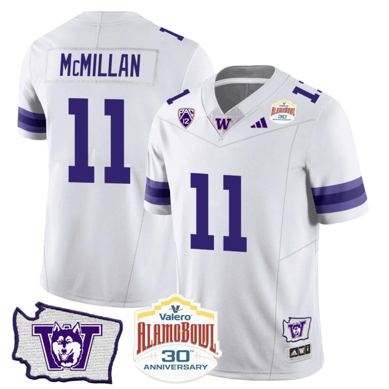 Men's Jalen McMillan Jersey #11 Washington Huskies Alamo Bowl Patch Football White