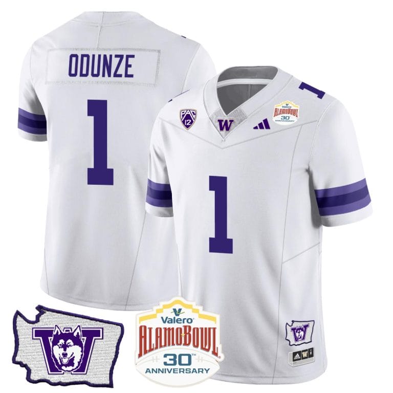 Men's Rome Odunze Jersey #1 Washington Huskies Alamo Bowl Patch Football White