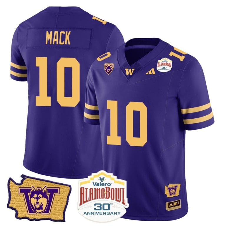 Men's Austin Mack Jersey #10 Washington Huskies Alamo Bowl Patch Football Purple Gold