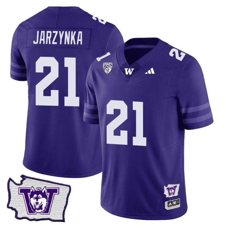 Men's Joe Jarzynka Jersey #21 Washington Huskies Washington Map Patch Football Purple